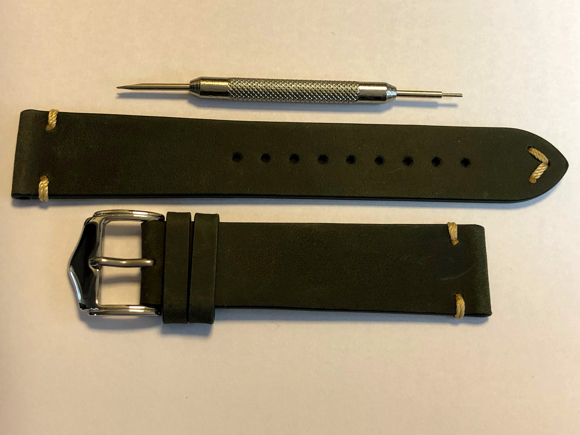 Olive Green Leather Strap 20mm with Contrasting Tip Stitch by Liberty Straps