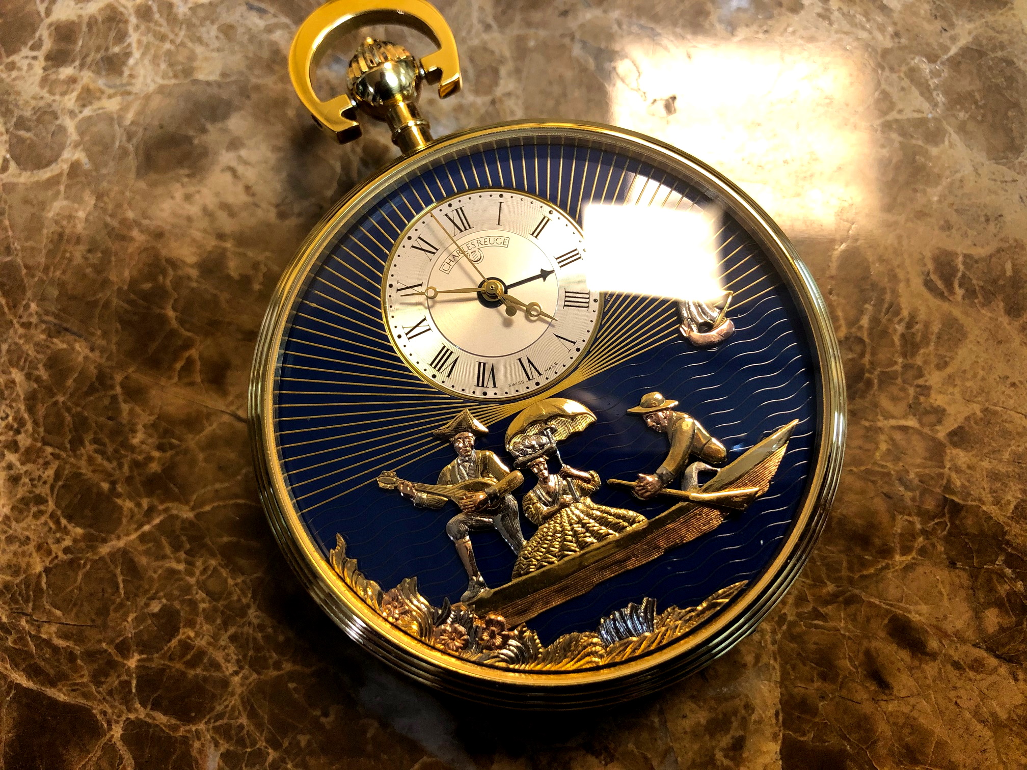Charles Reuge Pocket Watch Musical & Motion Alarm Yellow Gold Filled Boat Scene