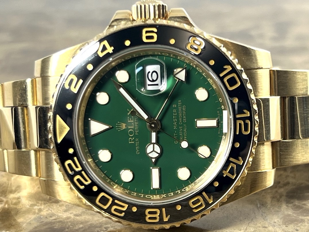 Rolex GMT Master II 18k Yellow Gold 116718 Green Dial Black Ceramic Box Papers 50th Anniversary D Serial YEAR 2005 Box Papers