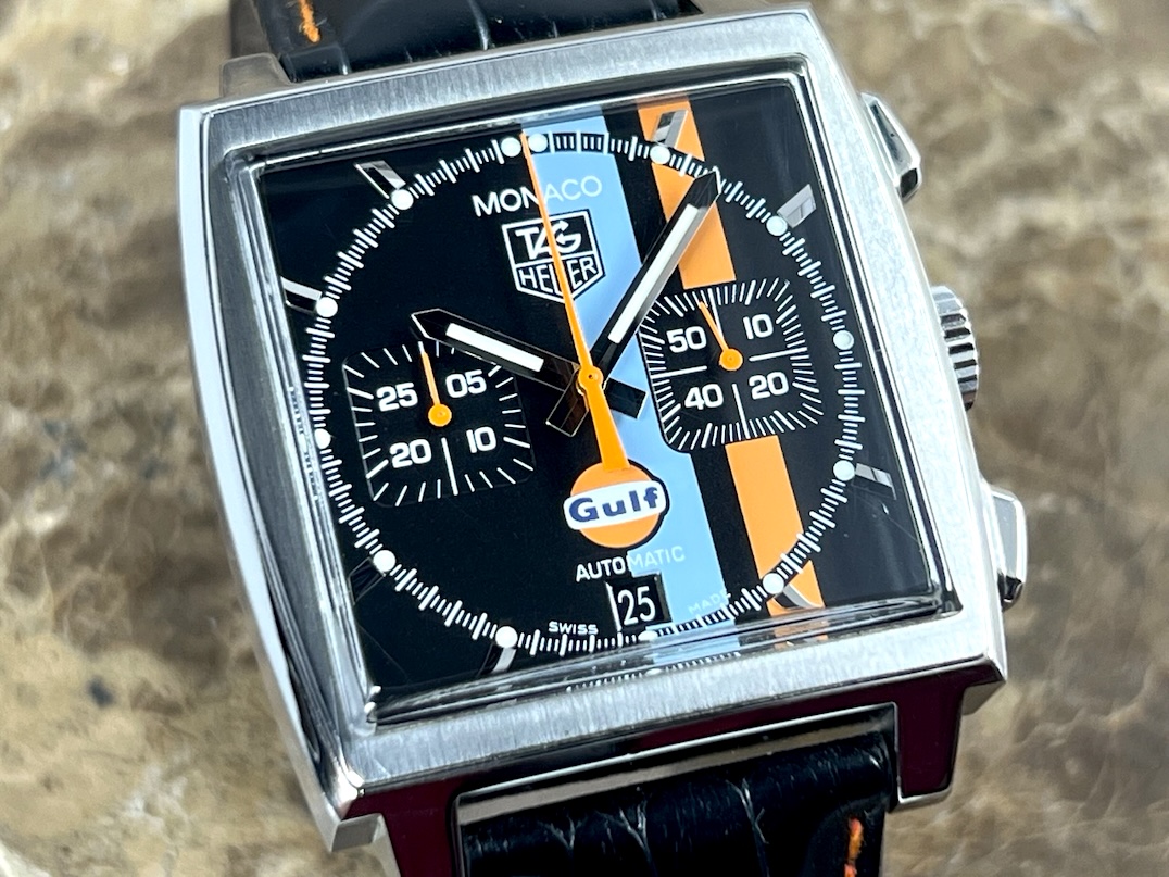 TAG Heuer Monaco Gulf Special Edition 38mm Automatic Black with Orange and Blue Stripes Box Papers CW211A