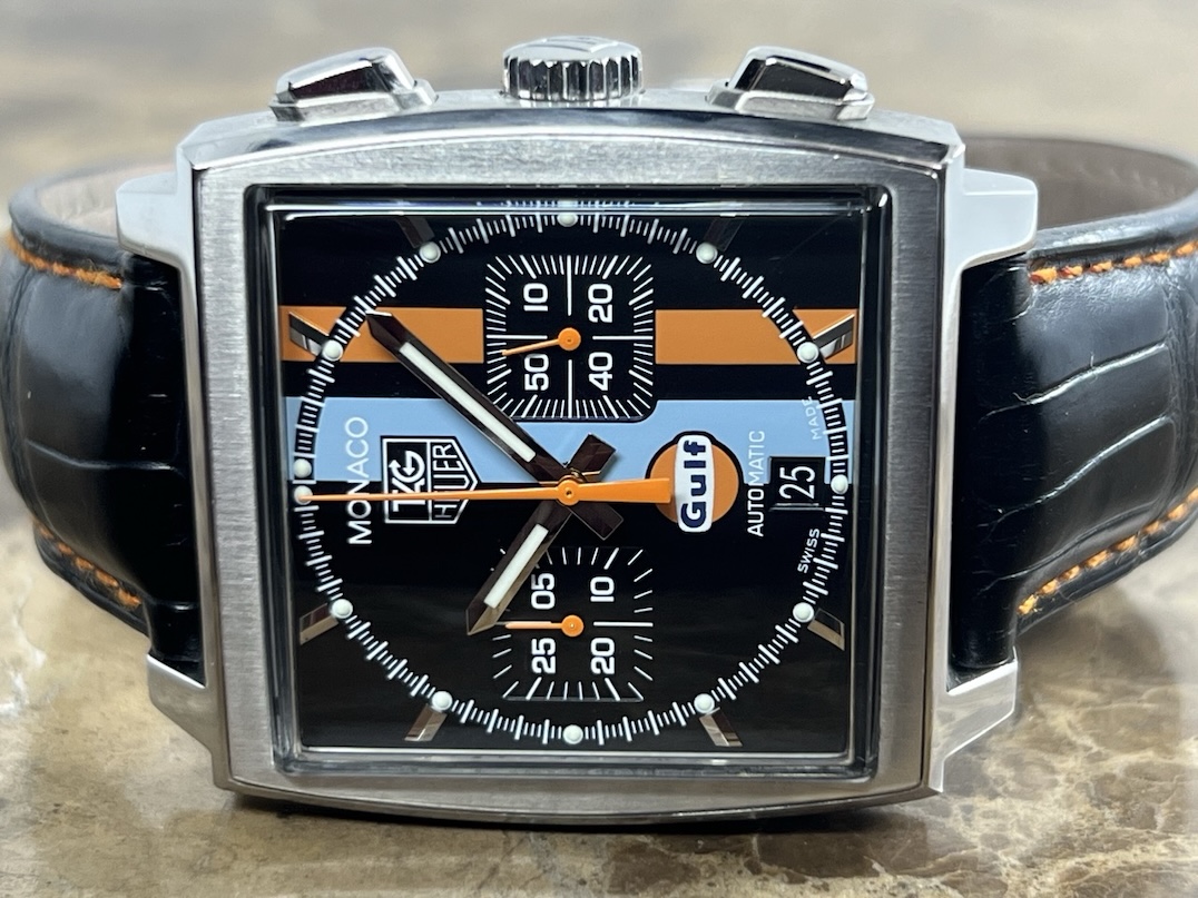 TAG Heuer Monaco Gulf Special Edition 38mm Automatic Black with Orange and Blue Stripes Box Papers CW211A