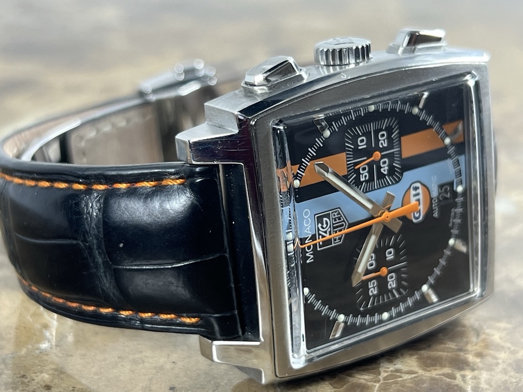 TAG Heuer Monaco Gulf Special Edition 38mm Automatic Black with Orange and Blue Stripes Box Papers CW211A