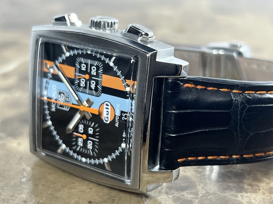 TAG Heuer Monaco Gulf Special Edition 38mm Automatic Black with Orange and Blue Stripes Box Papers CW211A