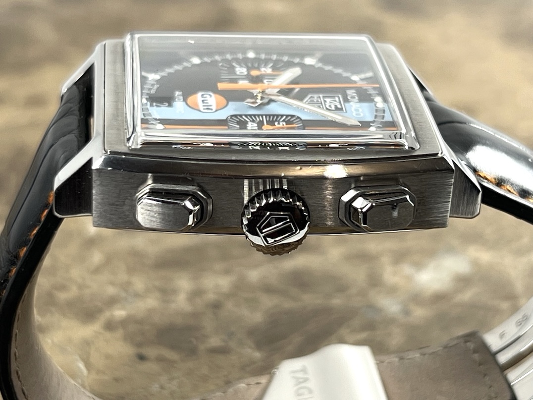 TAG Heuer Monaco Gulf Special Edition 38mm Automatic Black with Orange and Blue Stripes Box Papers CW211A