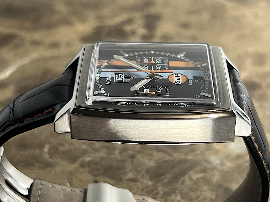 TAG Heuer Monaco Gulf Special Edition 38mm Automatic Black with Orange and Blue Stripes Box Papers CW211A