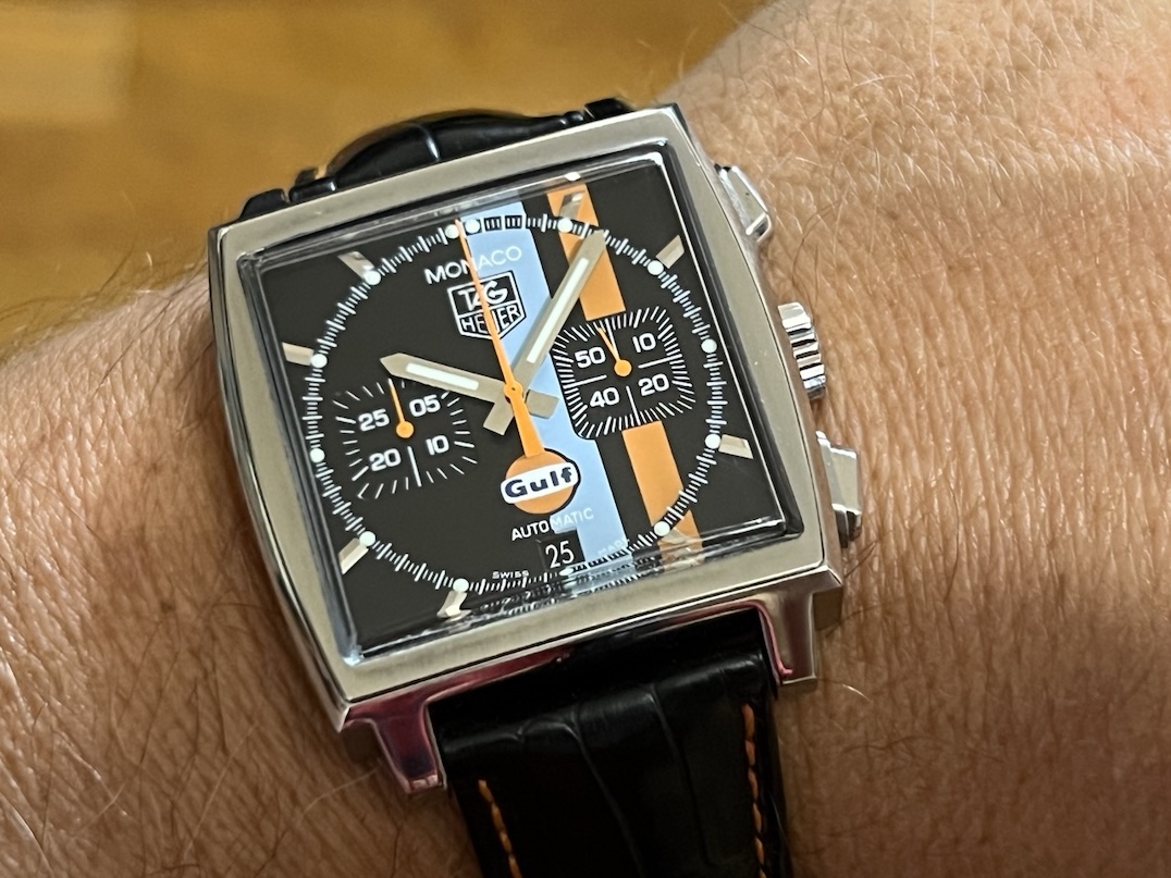 TAG Heuer Monaco Gulf Special Edition 38mm Automatic Black with Orange and Blue Stripes Box Papers CW211A
