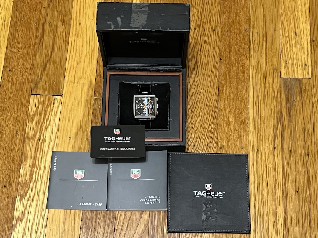 TAG Heuer Monaco Gulf Special Edition 38mm Automatic Black with Orange and Blue Stripes Box Papers CW211A