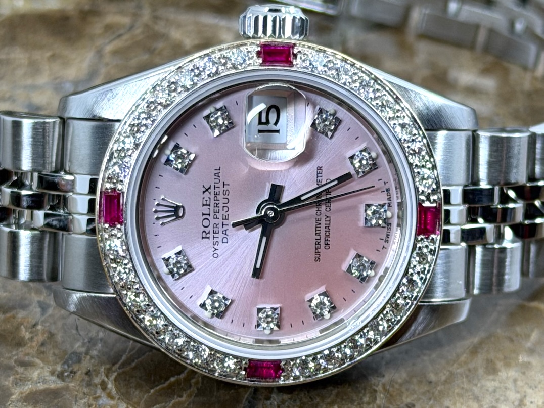Rolex Lady Datejust 26mm Automatic Steel Pink Diamond Dial Diamond Bezel with Jubilee Bracelet model 69174 with Rolex Gift Bag