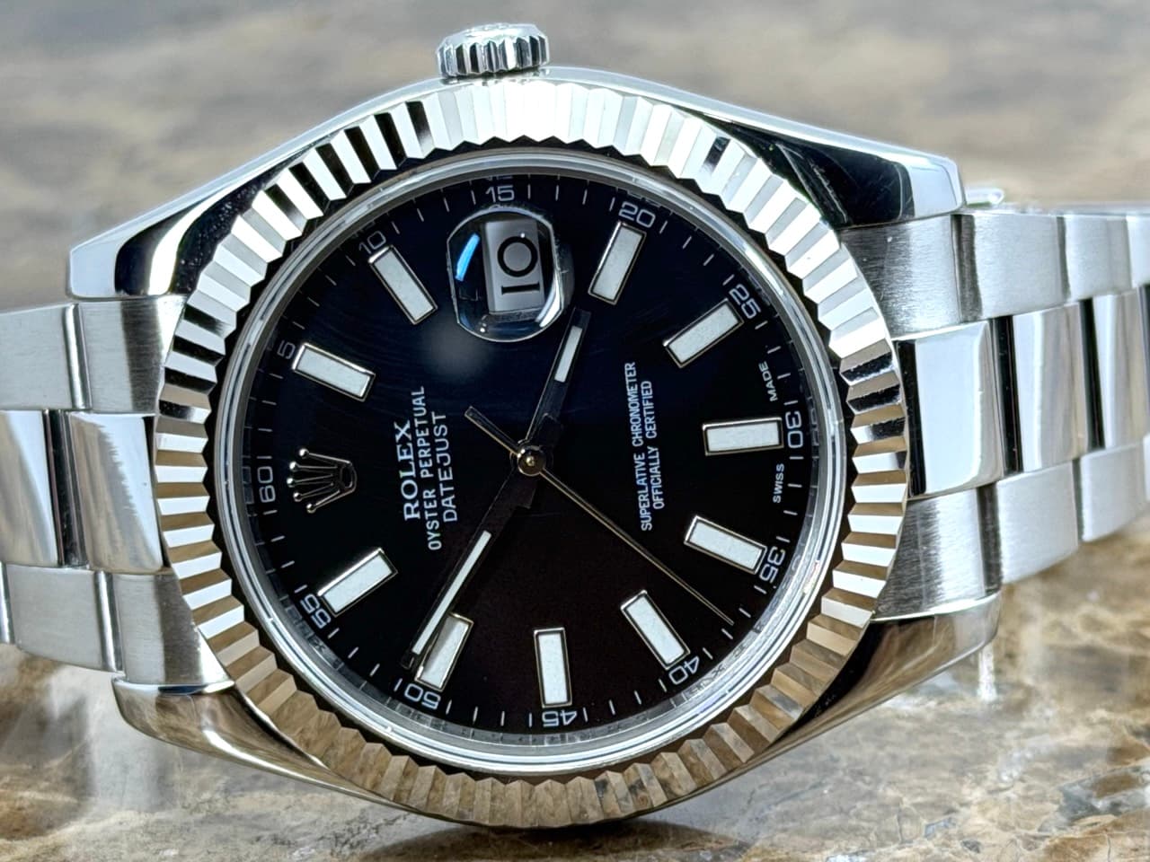 Rolex Datejust 41mm Automatic Black Index Dial 18k White Gold fluted bezel Oyster Bracelet 116334