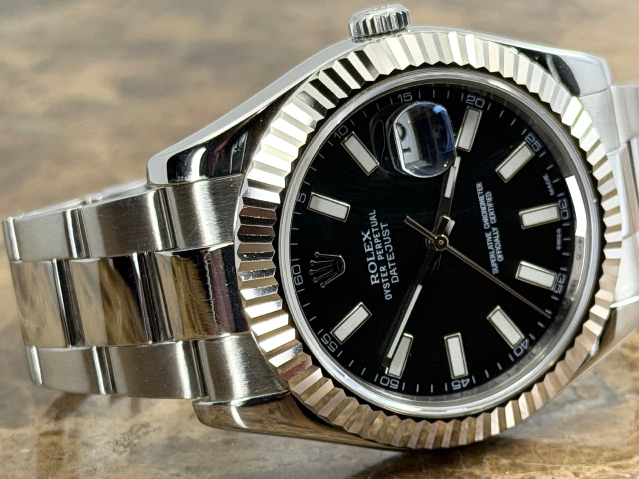 Rolex Datejust 41mm Automatic Black Index Dial 18k White Gold fluted bezel Oyster Bracelet 116334