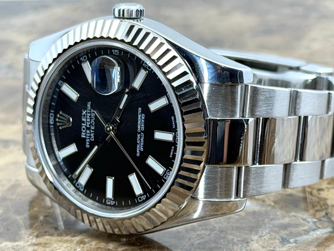 Rolex Datejust 41mm Automatic Black Index Dial 18k White Gold fluted bezel Oyster Bracelet 116334