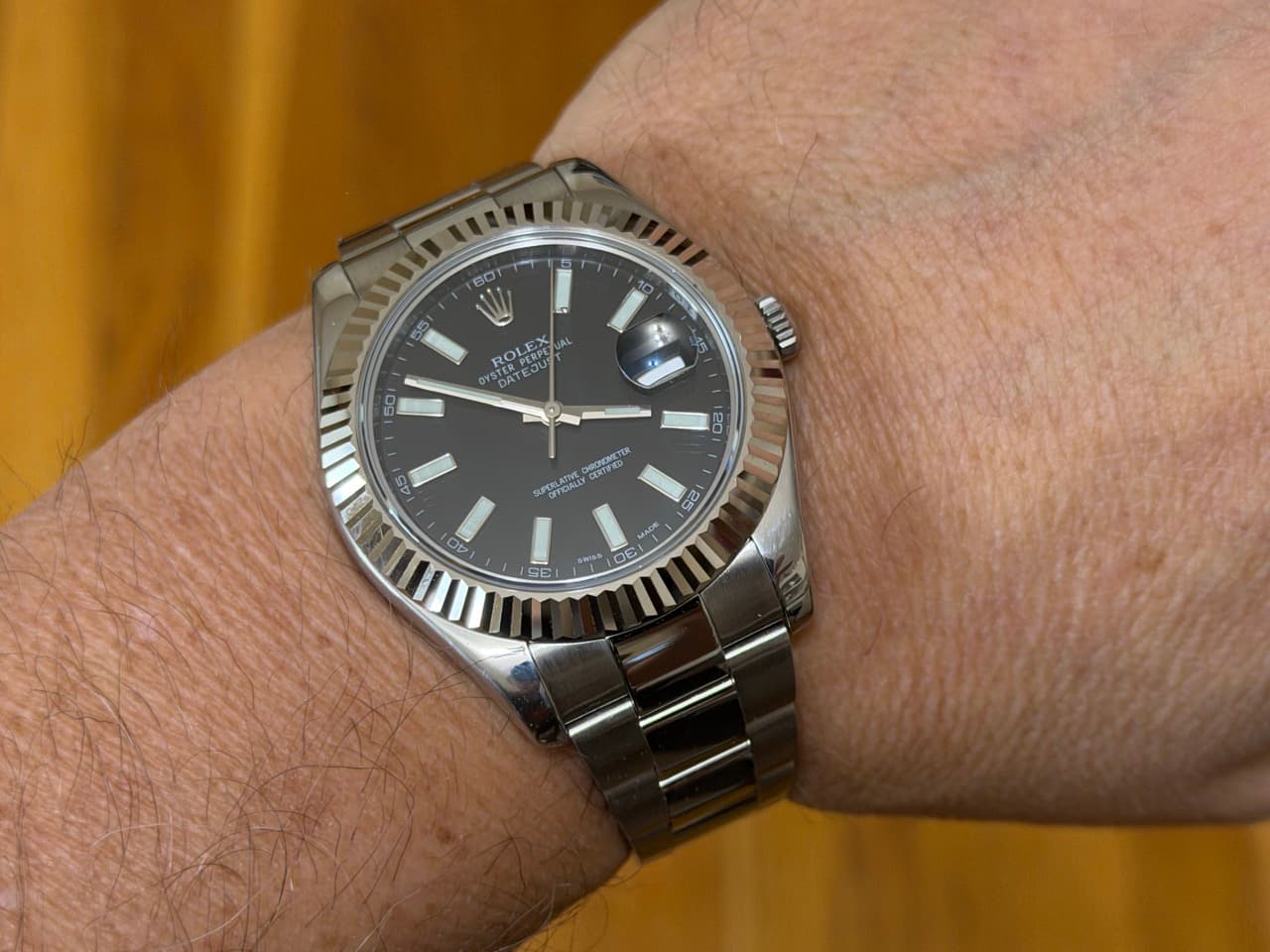 Rolex Datejust 41mm Automatic Black Index Dial 18k White Gold fluted bezel Oyster Bracelet 116334