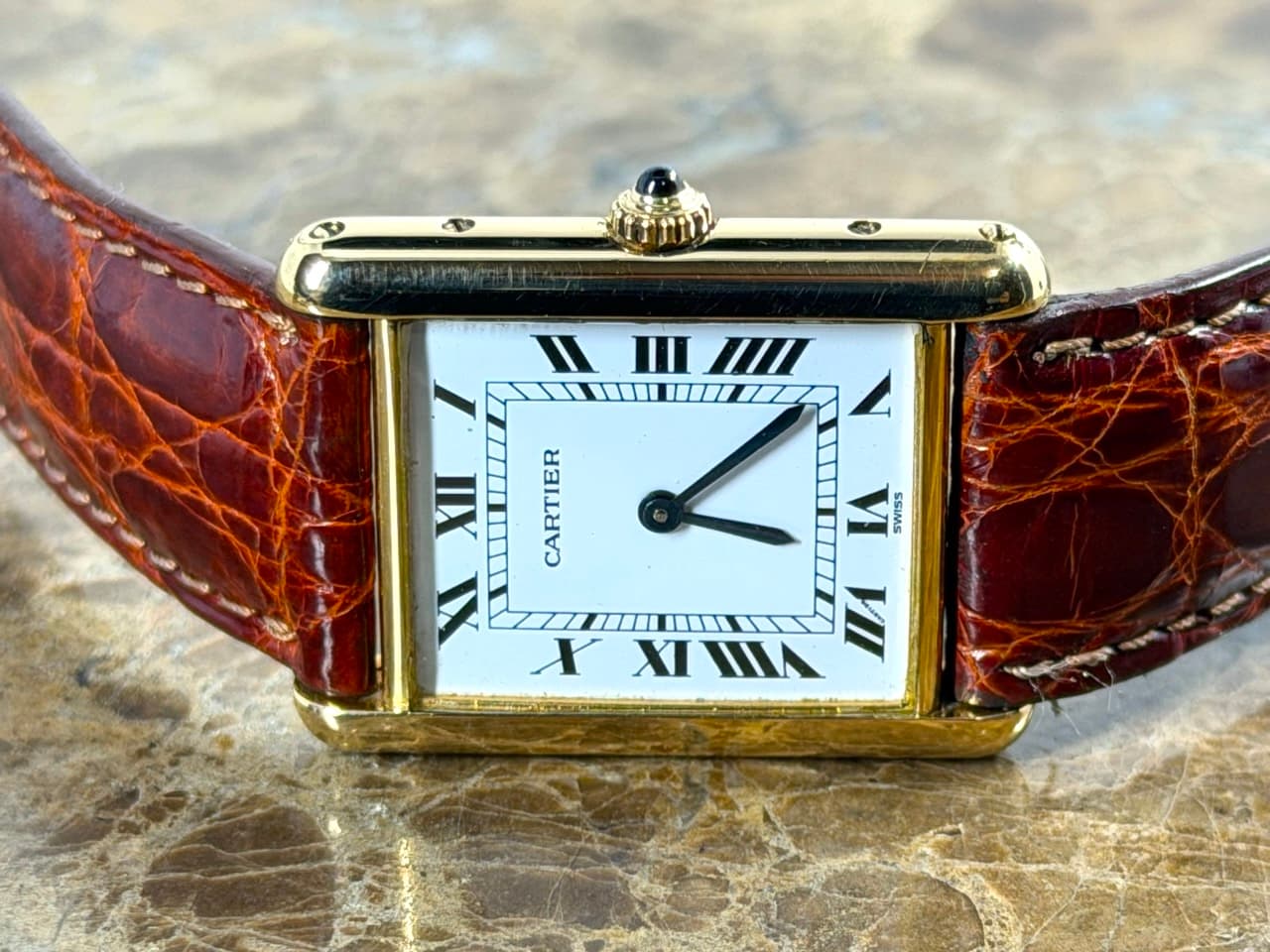CARTIER Tank Lady's 18k Yellow Gold Quartz Dial White with Black Roman Numerals 81052