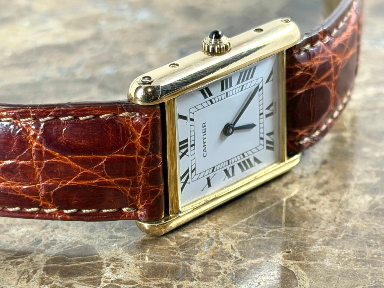 CARTIER Tank Lady's 18k Yellow Gold Quartz Dial White with Black Roman Numerals 81052