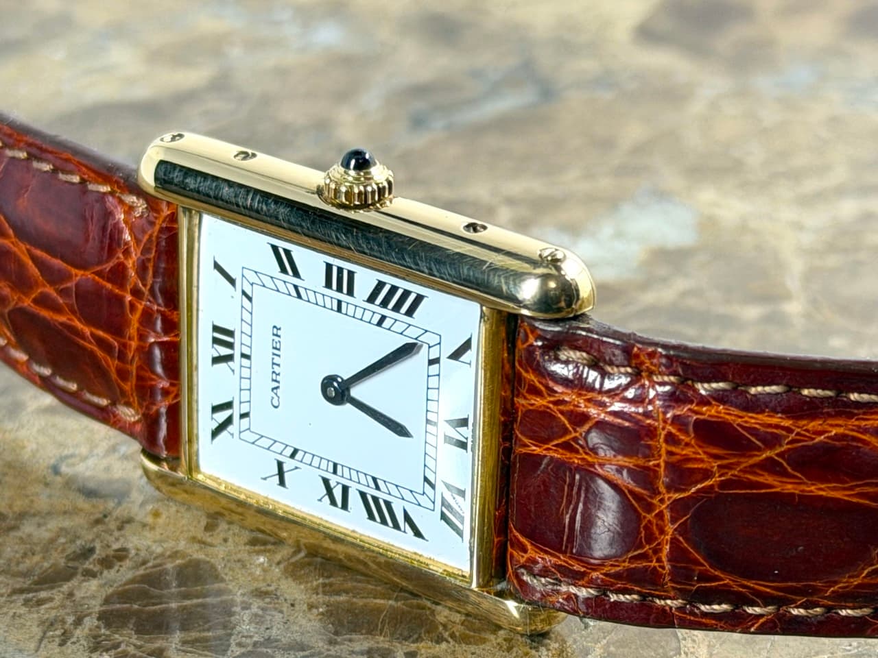 CARTIER Tank Lady's 18k Yellow Gold Quartz Dial White with Black Roman Numerals 81052