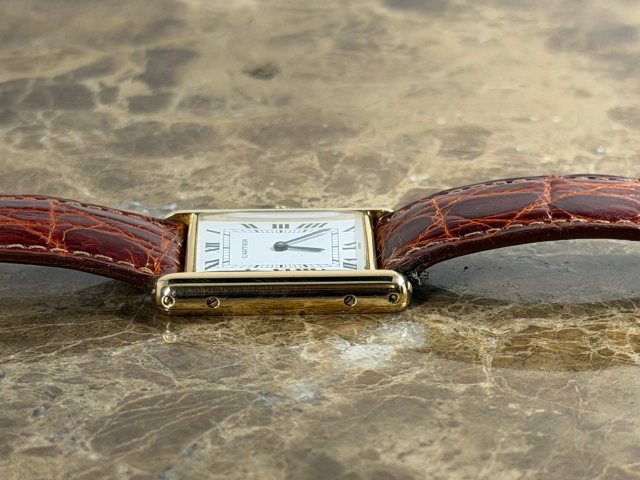CARTIER Tank Lady's 18k Yellow Gold Quartz Dial White with Black Roman Numerals 81052