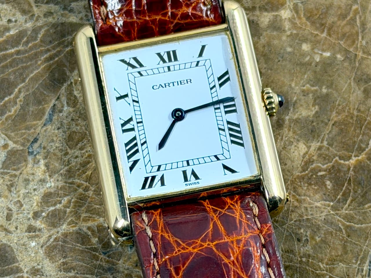 CARTIER Tank Lady's 18k Yellow Gold Quartz Dial White with Black Roman Numerals 81052