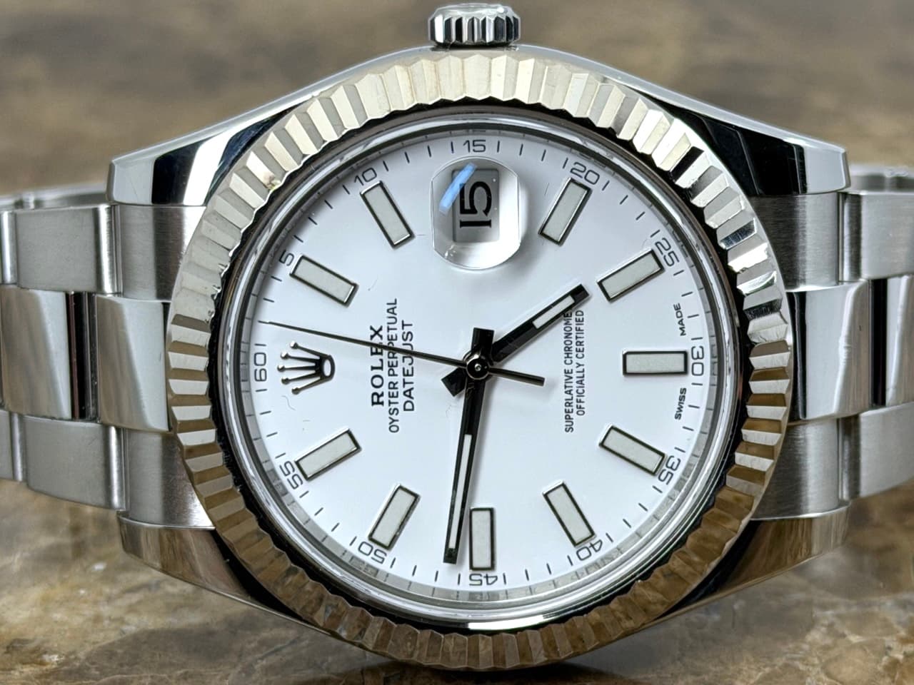 Rolex Datejust 41mm Automatic White Index 18k White Gold fluted bezel Oyster Bracelet 116334 Box Papers