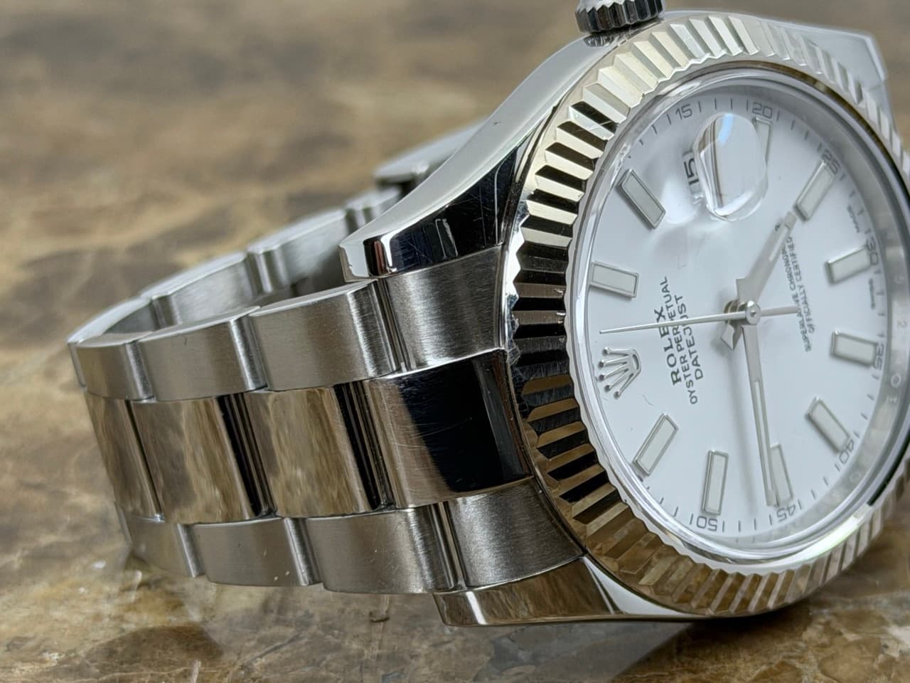 Rolex Datejust 41mm Automatic White Index 18k White Gold fluted bezel Oyster Bracelet 116334 Box Papers