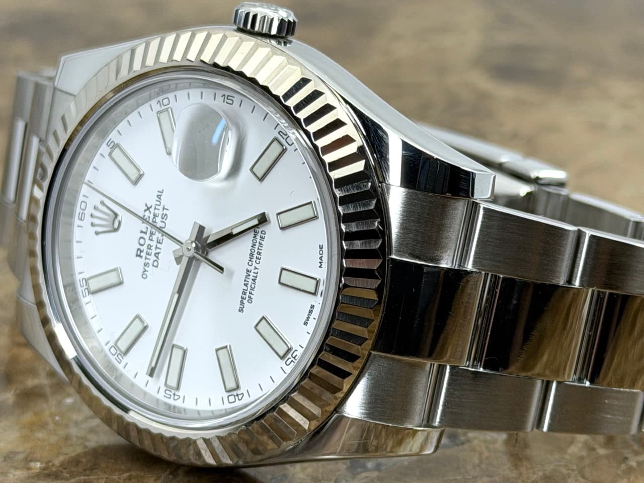 Rolex Datejust 41mm Automatic White Index 18k White Gold fluted bezel Oyster Bracelet 116334 Box Papers