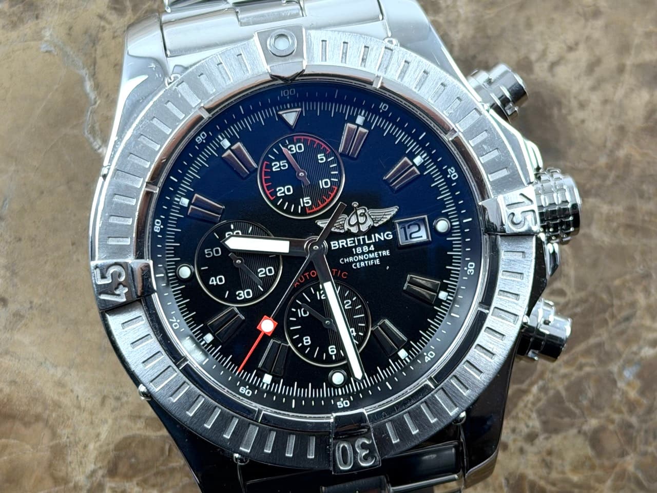 Breitling Super Avenger 48mm Automatic Black Dial Red Accents A13370 on Steel Bracelet with Box / Papers
