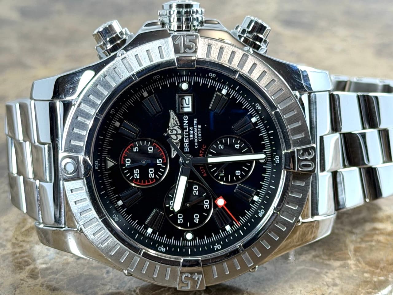Breitling Super Avenger 48mm Automatic Black Dial Red Accents A13370 on Steel Bracelet with Box / Papers