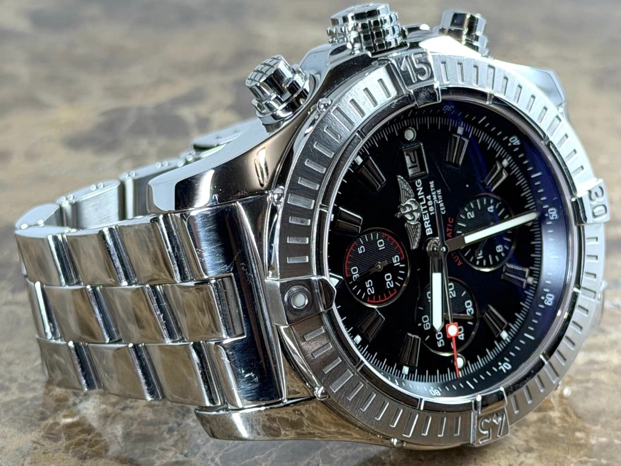 Breitling Super Avenger 48mm Automatic Black Dial Red Accents A13370 on Steel Bracelet with Box / Papers