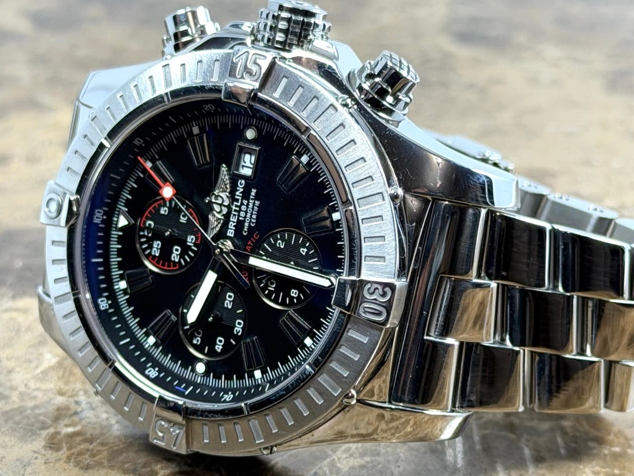 Breitling Super Avenger 48mm Automatic Black Dial Red Accents A13370 on Steel Bracelet with Box / Papers