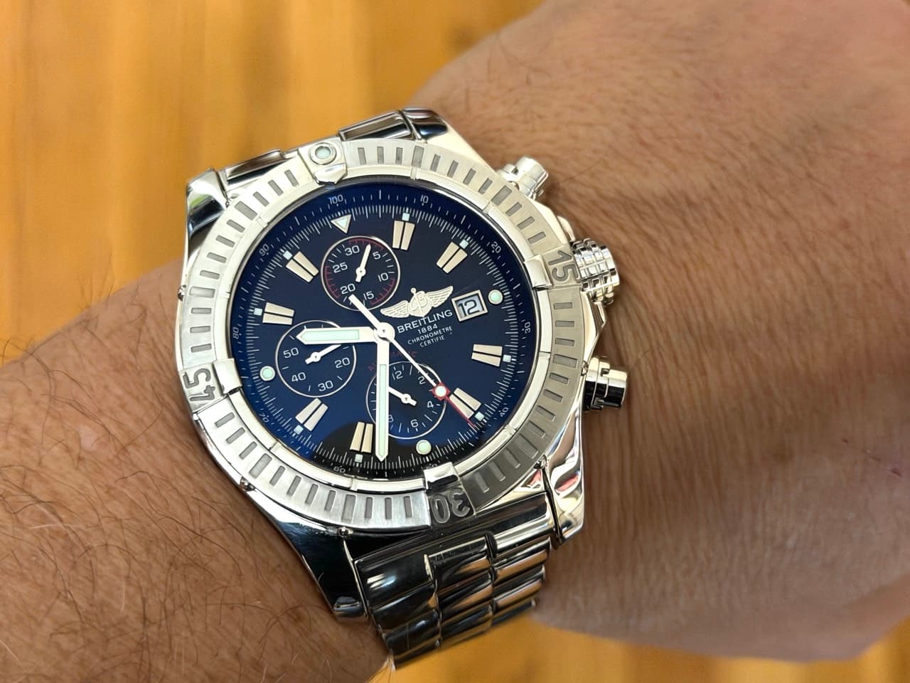 Breitling Super Avenger 48mm Automatic Black Dial Red Accents A13370 on Steel Bracelet with Box / Papers