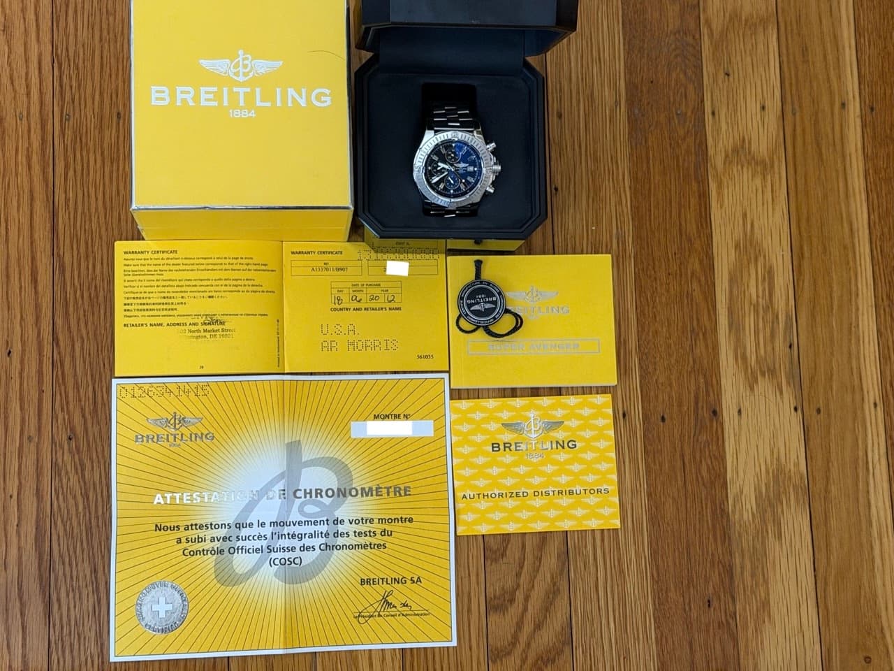 Breitling Super Avenger 48mm Automatic Black Dial Red Accents A13370 on Steel Bracelet with Box / Papers