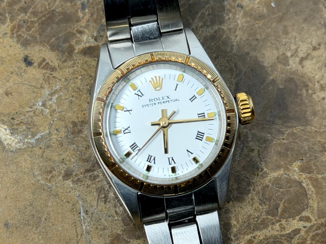Rolex Lady Oyster Perpetual Automatic 24mm Gold / Steel Engine Turned Bezel 6804 Vintage with Box and Papers