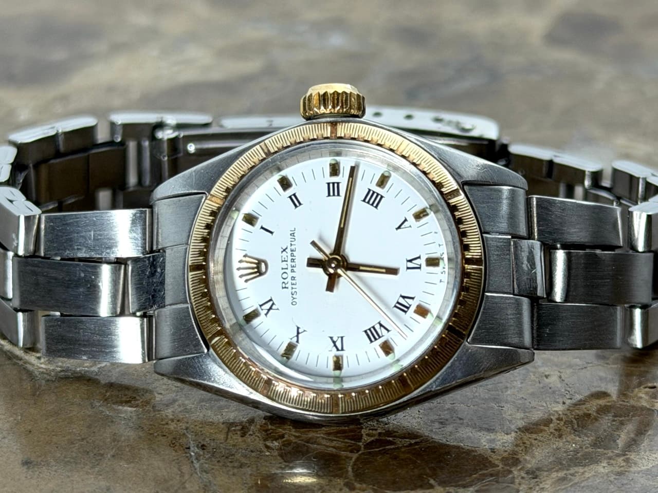 Rolex Lady Oyster Perpetual Automatic 24mm Gold / Steel Engine Turned Bezel 6804 Vintage with Box and Papers