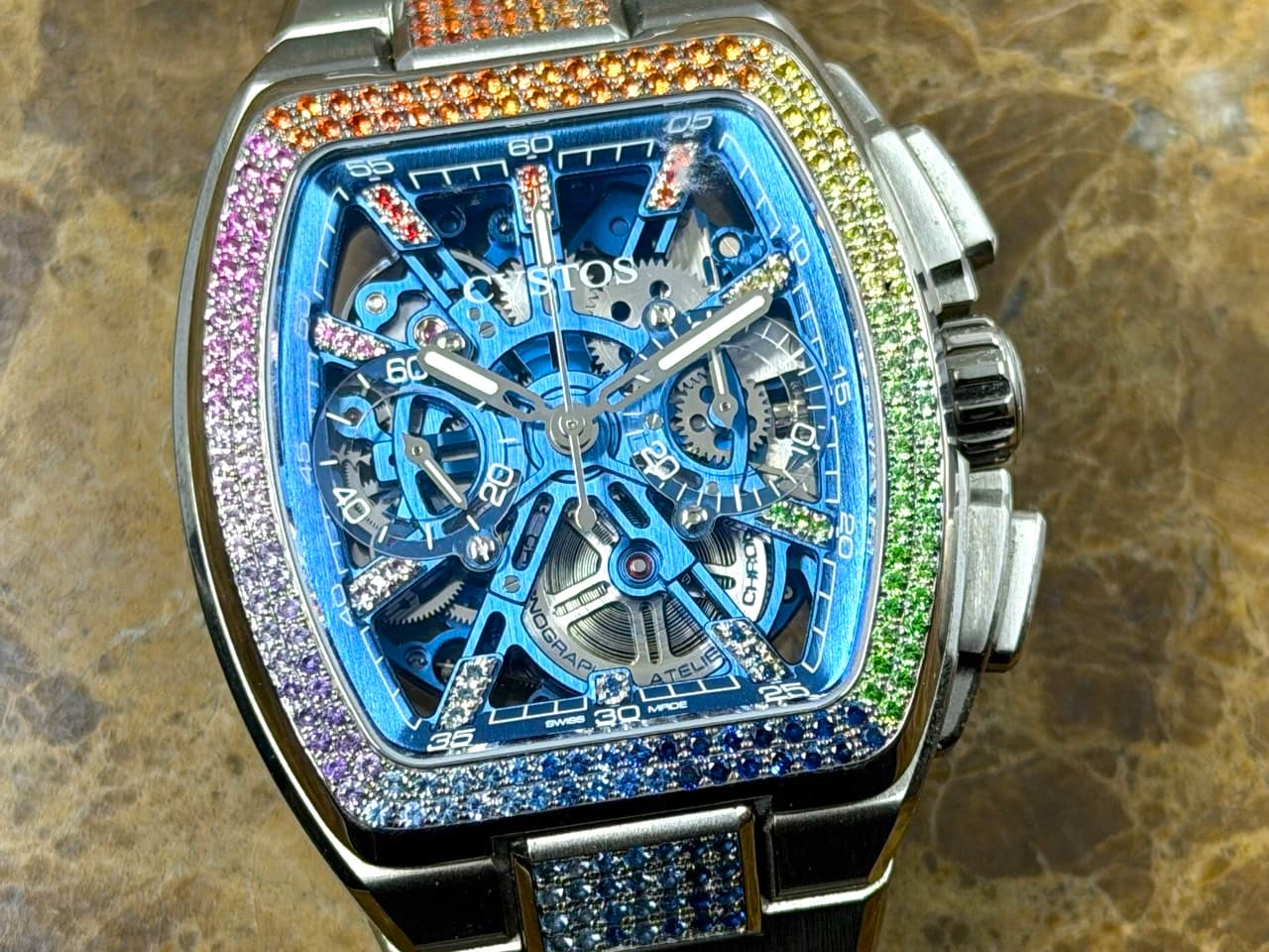 CVSTOS Metropolitan Chrono 42mm Automatic Titanium Blue SQLT / Rainbow F00112.4213004 with Box 4 Extra Straps LIMITED EDITION