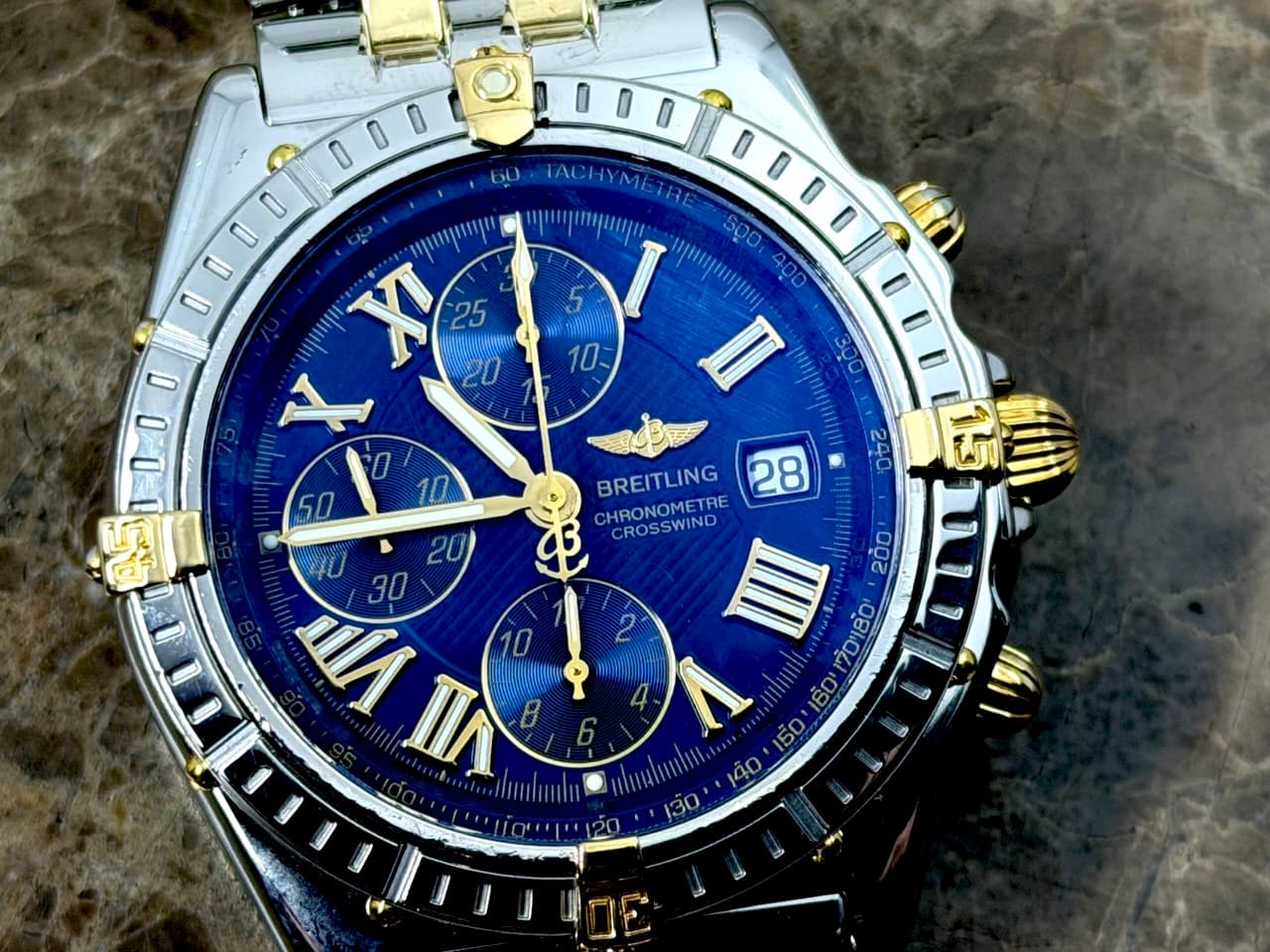 Breitling Crosswind 18k Gold / Steel Chronograph 43mm Automatic Blue Dial with Box B13355