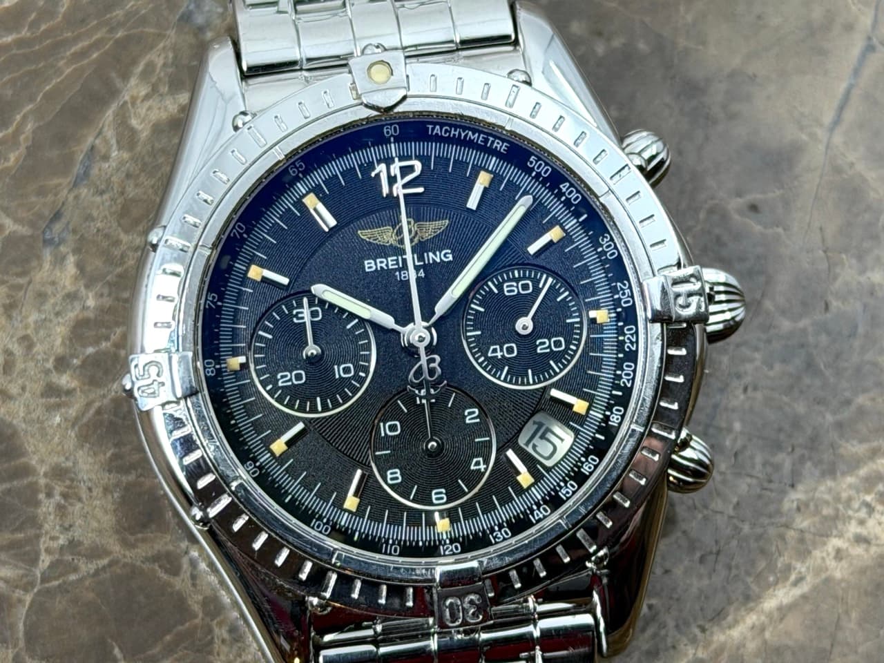 Breitling Cockpit Chronograph 37mm Automatic Black Dial and Pilot Bracelet with Box and Papers A30012