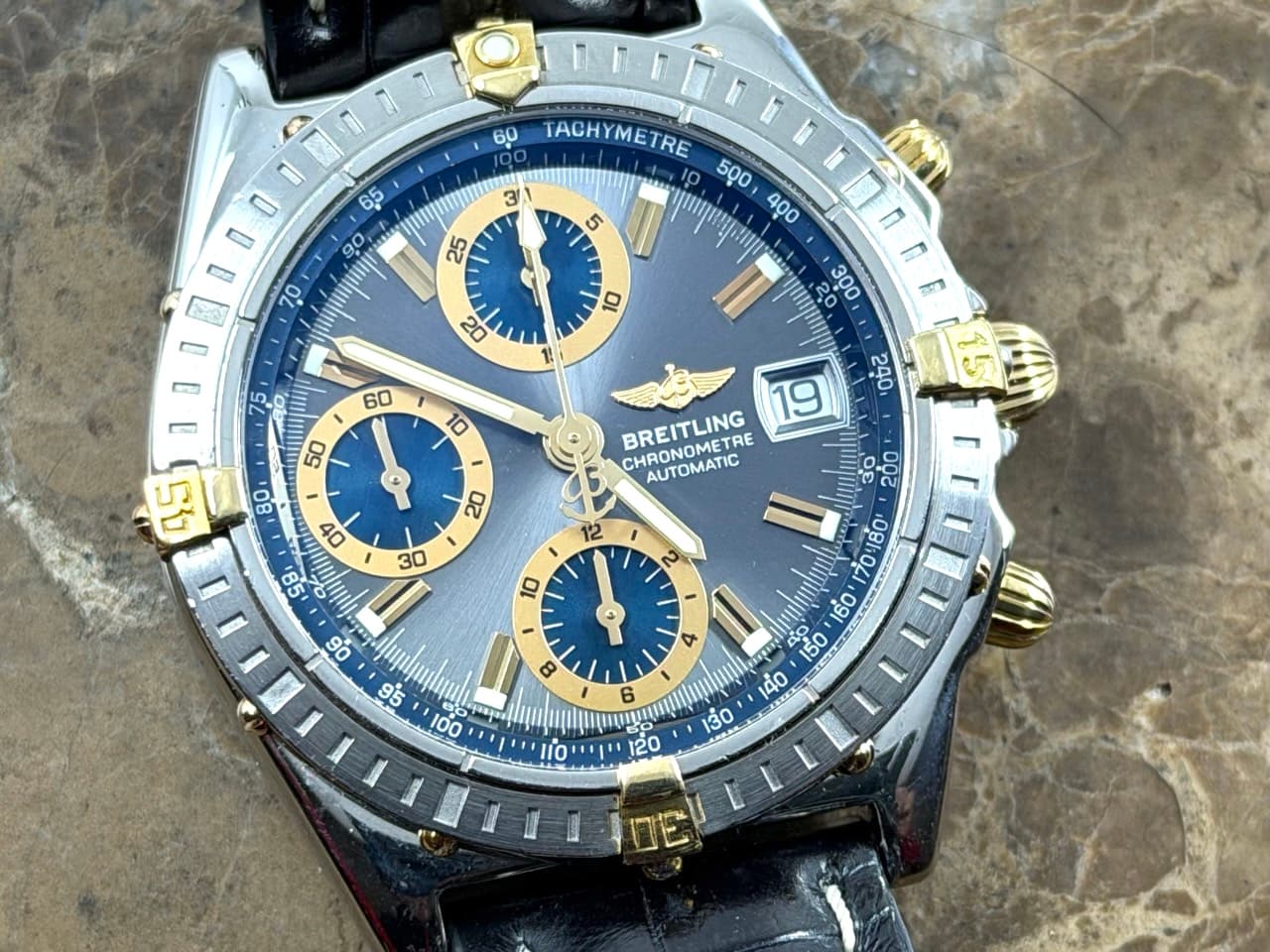 Breitling Chronomat Gold / Steel 39mm Automatic Chronograph Silver Dial with Blue Subdials with Box B13352