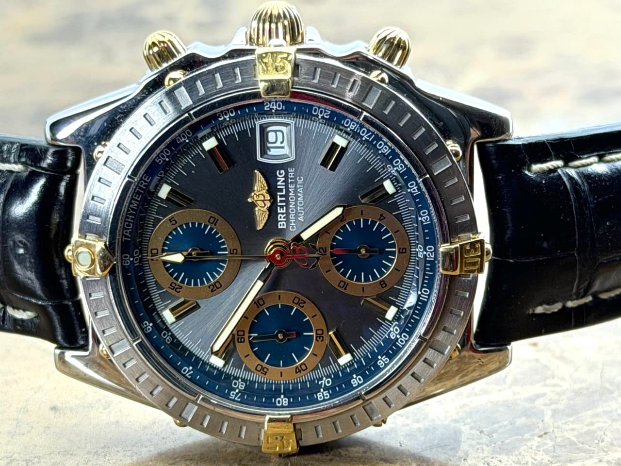 Breitling Chronomat Gold / Steel 39mm Automatic Chronograph Silver Dial with Blue Subdials with Box B13352 - Image 2