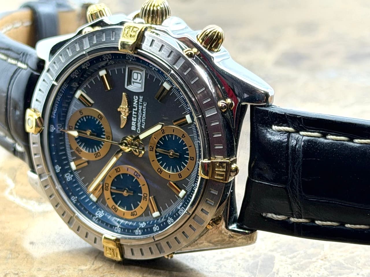Breitling Chronomat Gold / Steel 39mm Automatic Chronograph Silver Dial with Blue Subdials with Box B13352 - Image 4