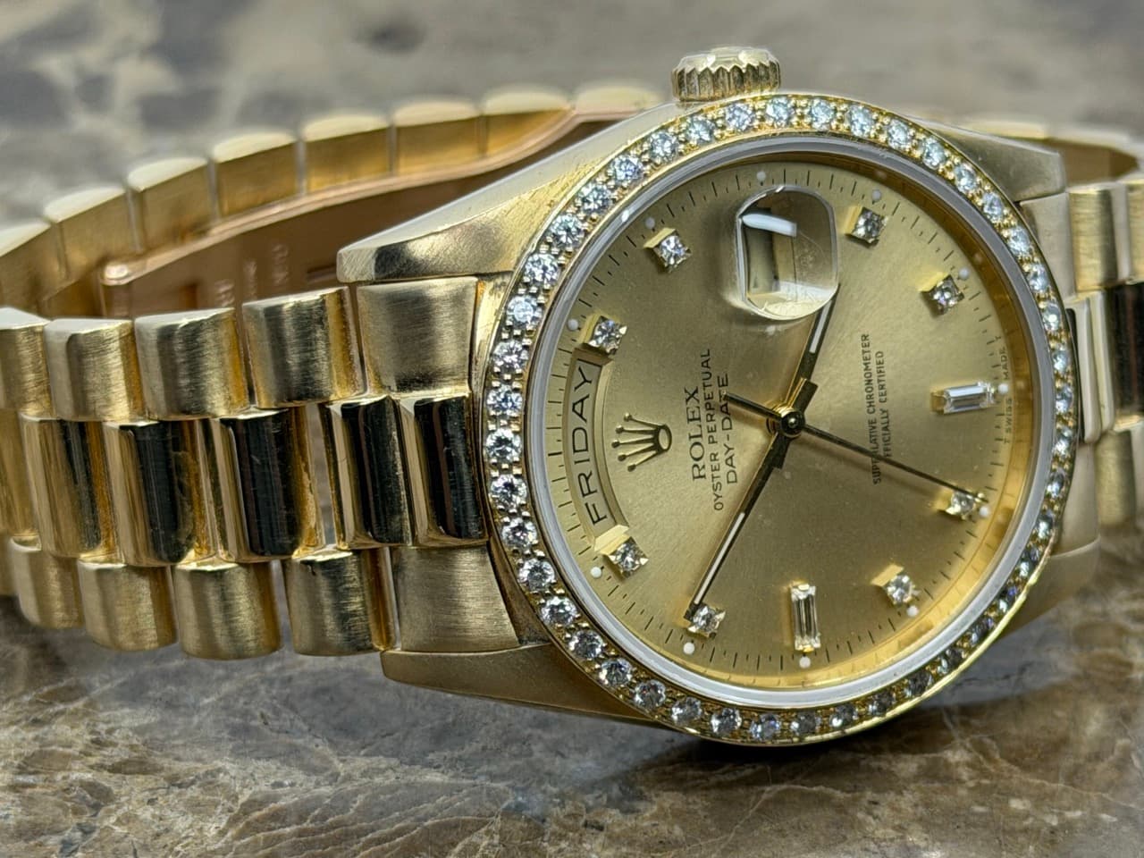 Rolex President Day Date 36mm 18k Yellow Gold Automatic 18348 DOUBLE QUICK Factory Diamond Bezel and Dial - Image 3