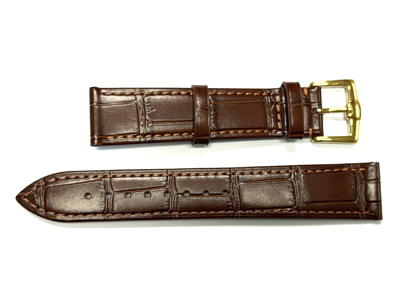 Brown Leather Watch Strap 16mm Mens 8" Inch Matte Finish Alligator Pattern Gold Tone Buckle