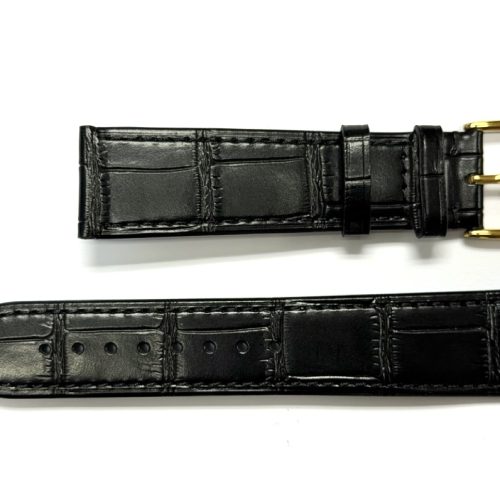 Black Leather Watch Strap 20mm Mens 8" Inch Matte Finish Alligator Pattern Gold Tone Buckle