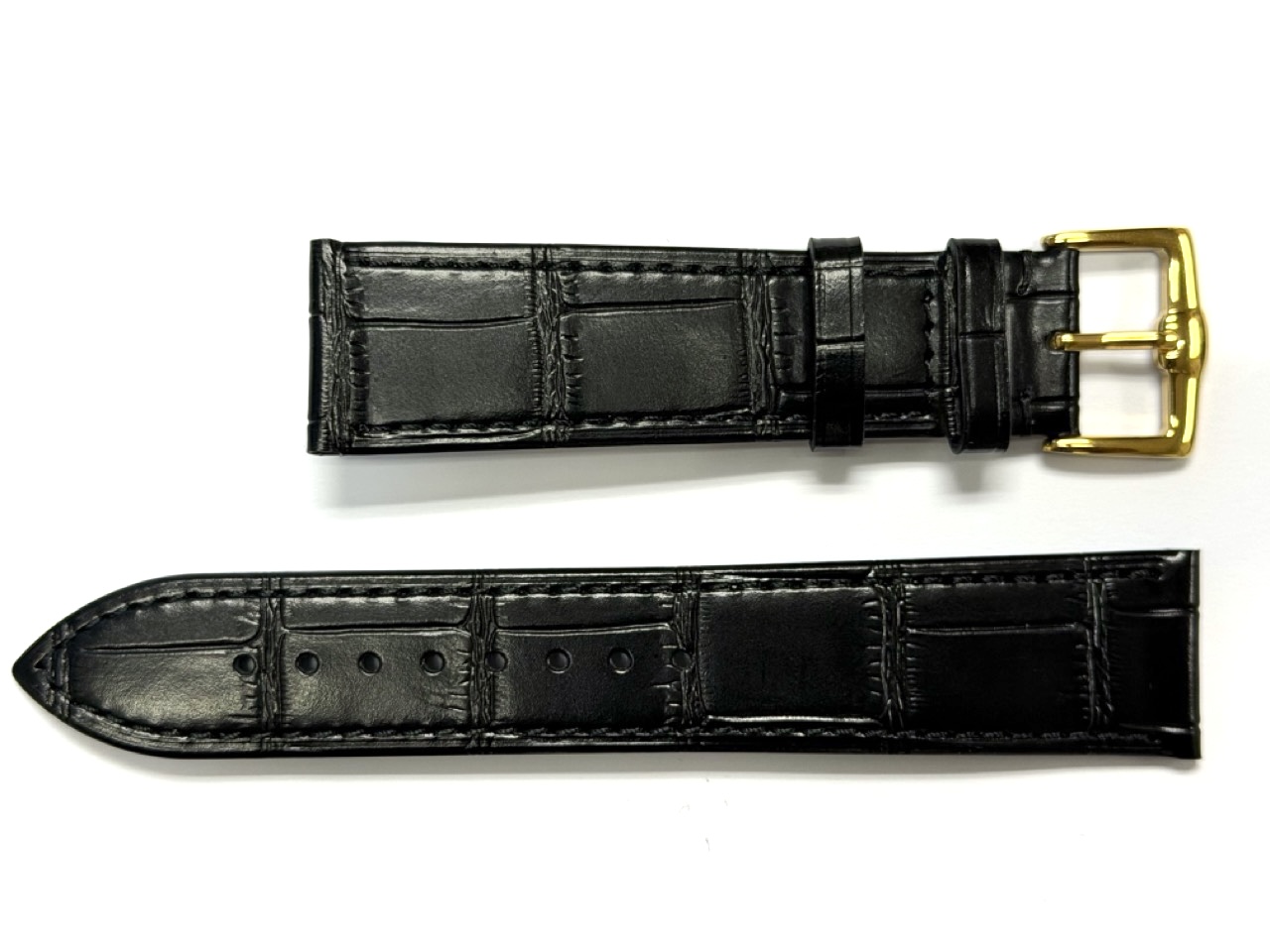 Black Leather Watch Strap 20mm Mens 8" Inch Matte Finish Alligator Pattern Gold Tone Buckle