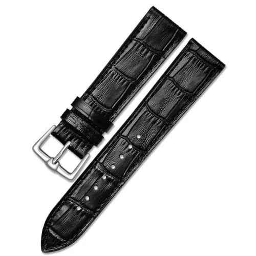 Black Leather Watch Strap 20mm Mens 8" Inch Matte Finish Alligator Pattern Steel Buckle