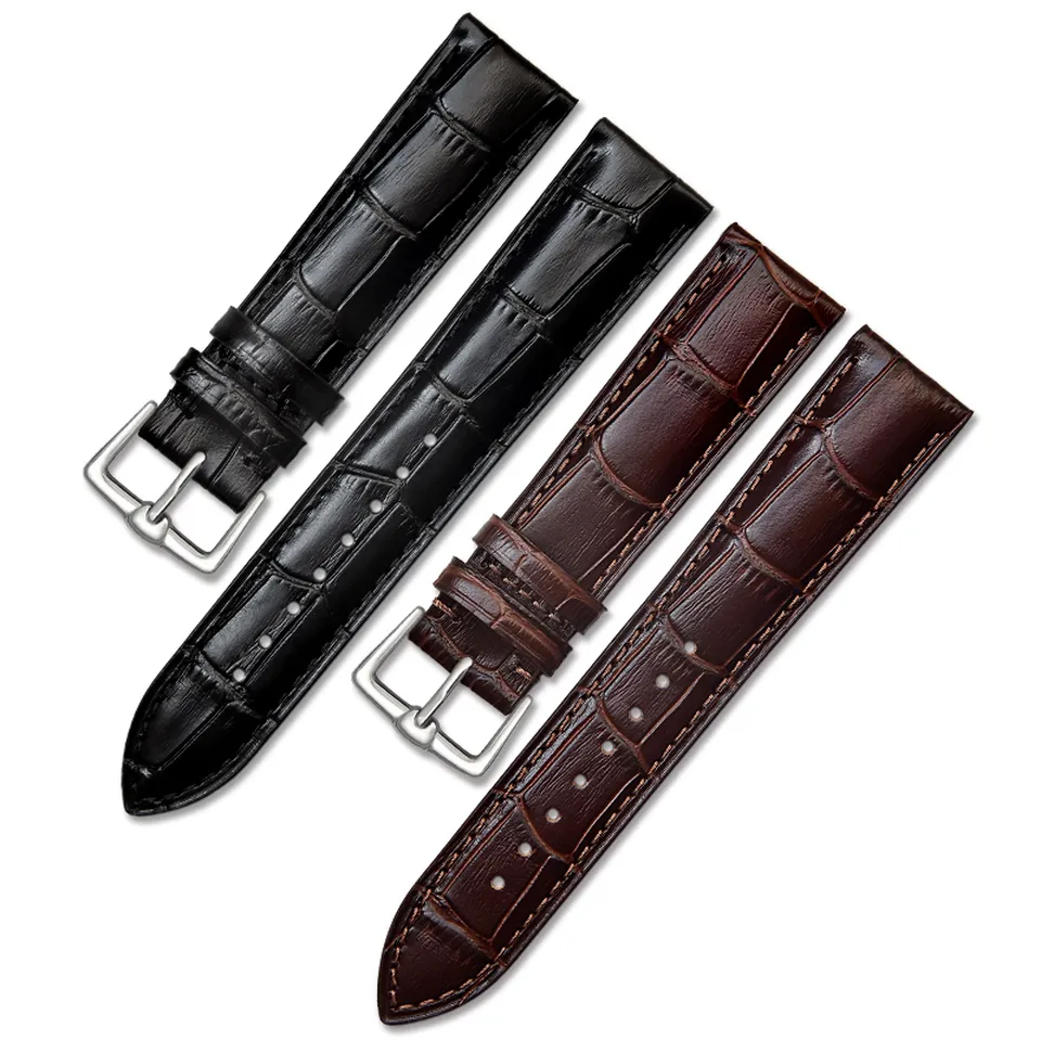 Brown or Black Leather Watch Strap 20mm Mens 8" Inch Matte Finish Alligator Pattern Steel Buckle