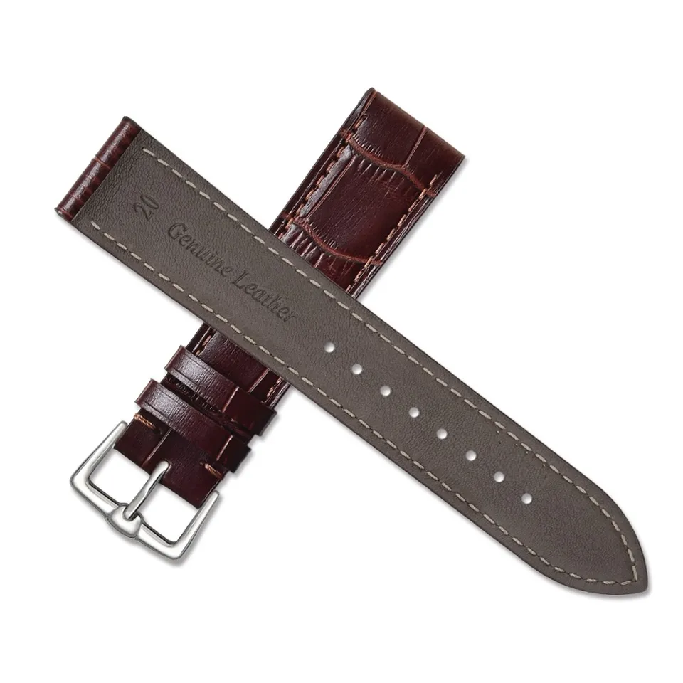 Brown Leather Watch Strap 20mm Mens 8" Inch Matte Finish Alligator Pattern Steel Buckle