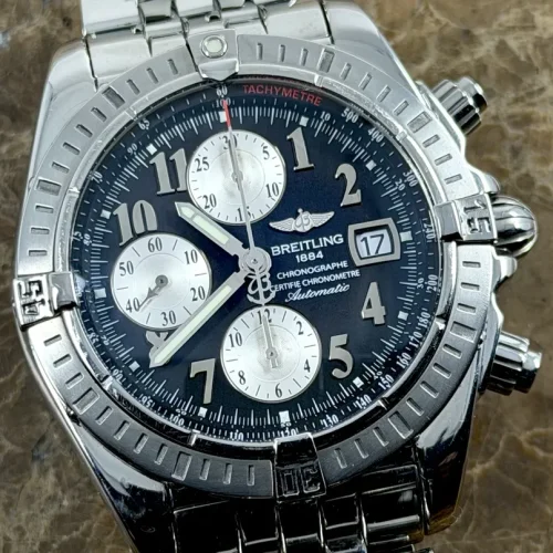 Breitling Chronomat Evolution Automatic 43mm Pilot Bracelet Black Dial reverse panda Model A13356 Box / Papers